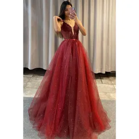 Plunging V-neck Tulle Appliques A-line Long Prom Dress with Detachable Skirt