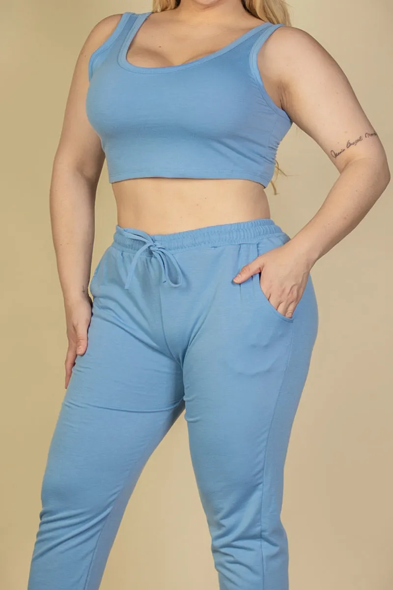 Plus Size French Terry Cropped Tank Top & Joggers Set