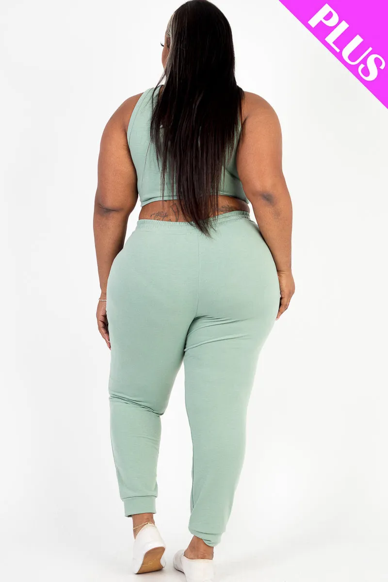 Plus Size French Terry Cropped Tank Top & Joggers Set