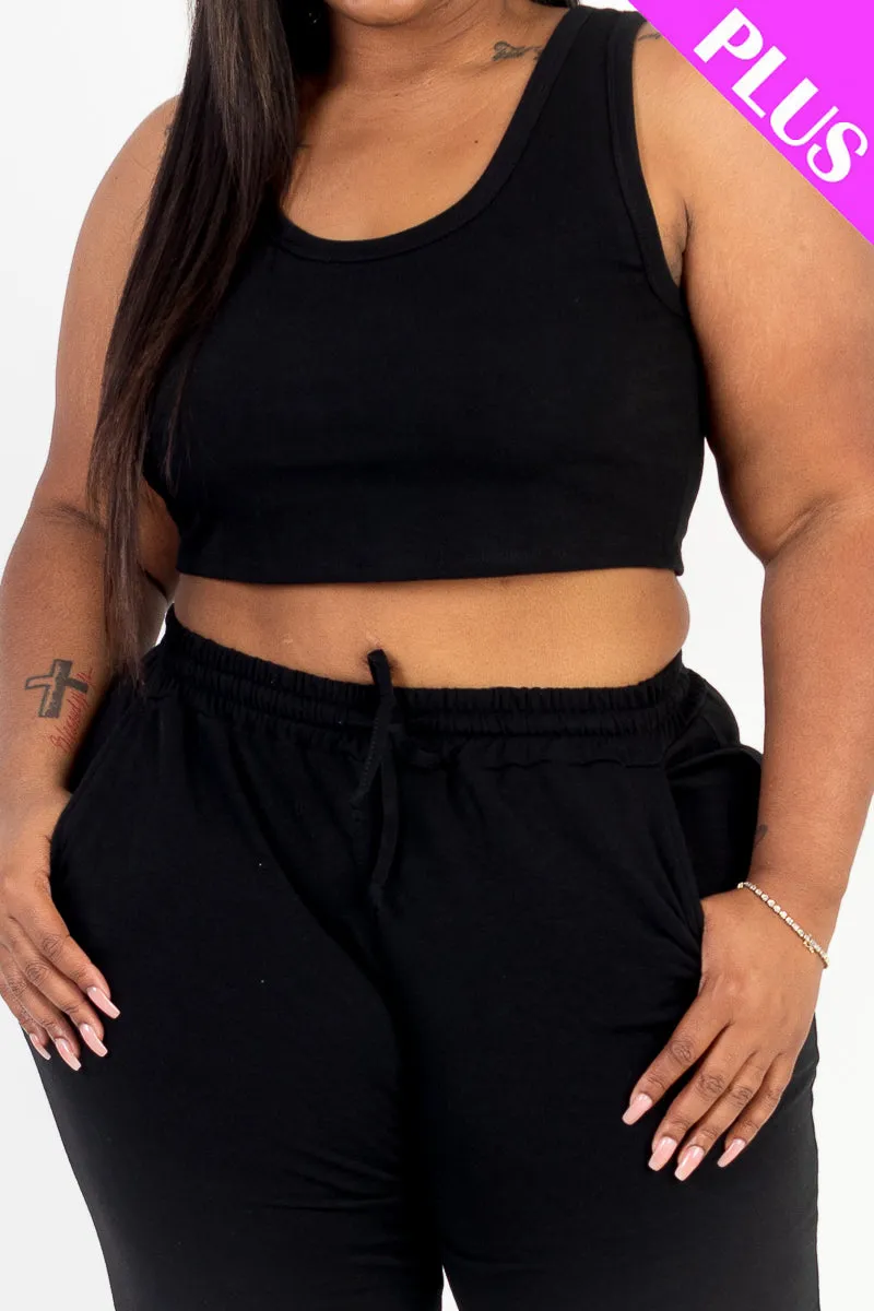 Plus Size French Terry Cropped Tank Top & Joggers Set