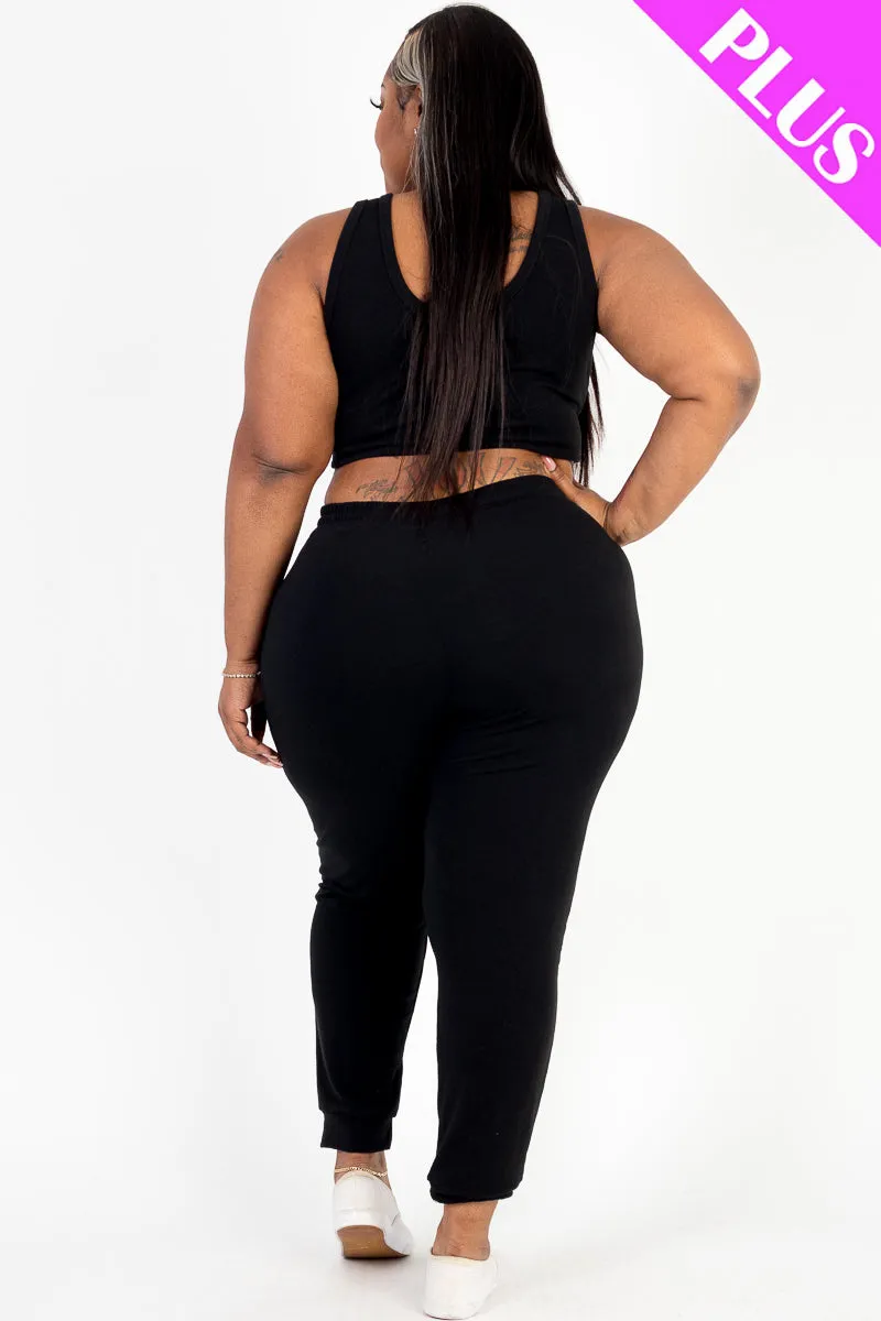 Plus Size French Terry Cropped Tank Top & Joggers Set