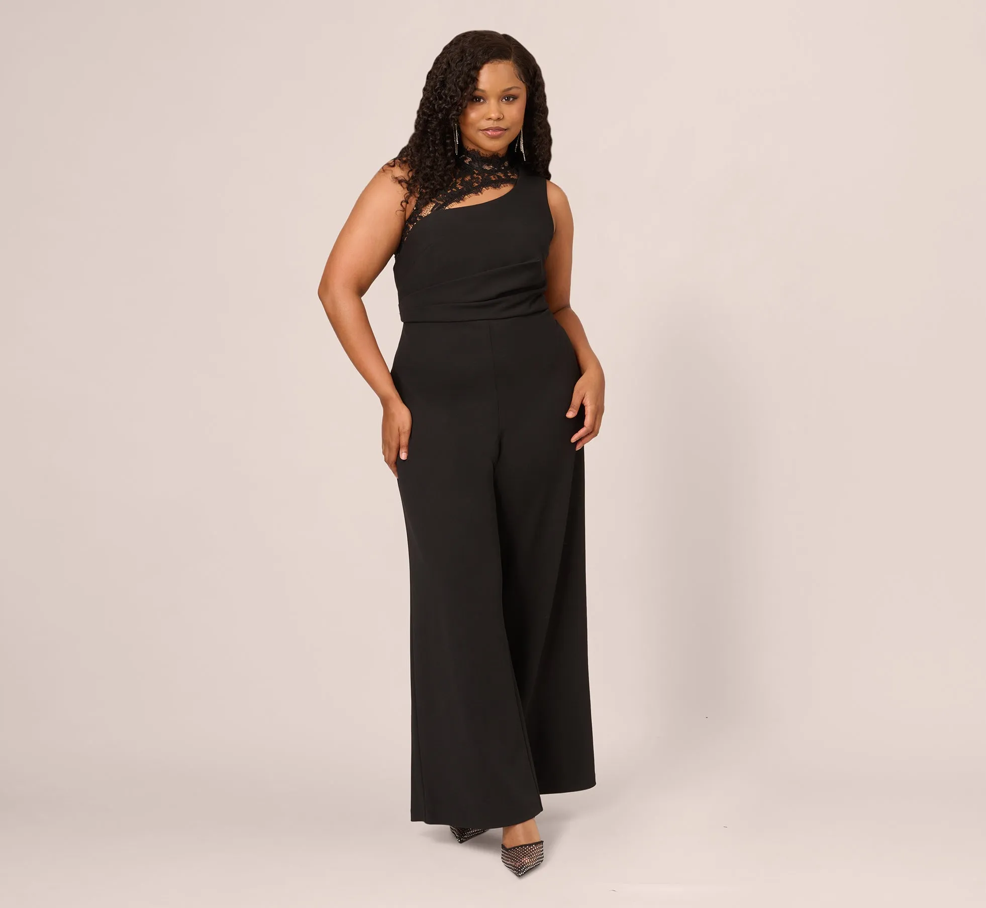 Plus Size Sleeveless Wide Leg Jumpsuit With Lace Neckline In Black