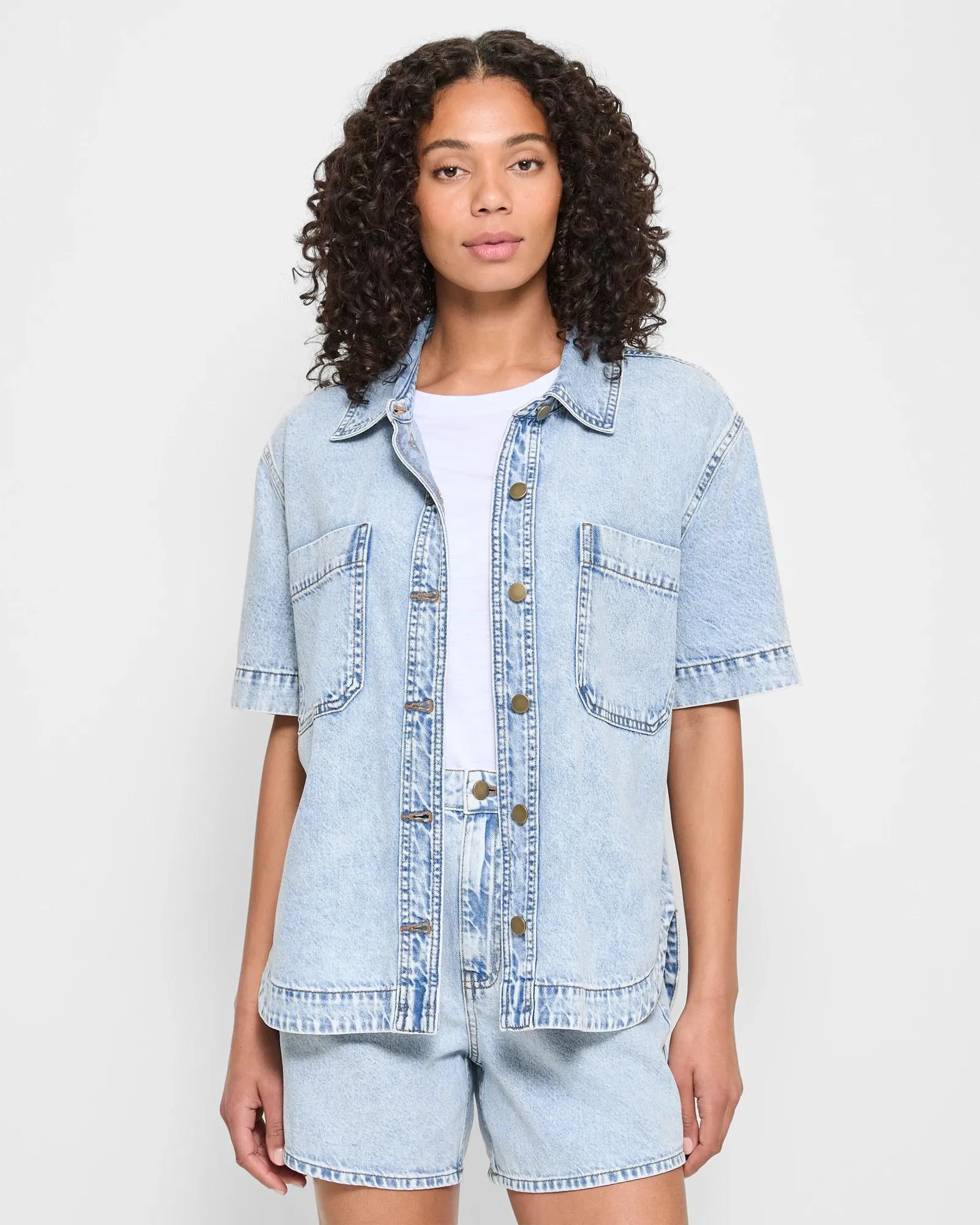 popular  Short Sleeve Denim Shacket - Island Blue