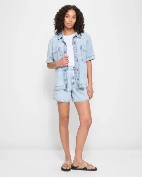 popular  Short Sleeve Denim Shacket - Island Blue