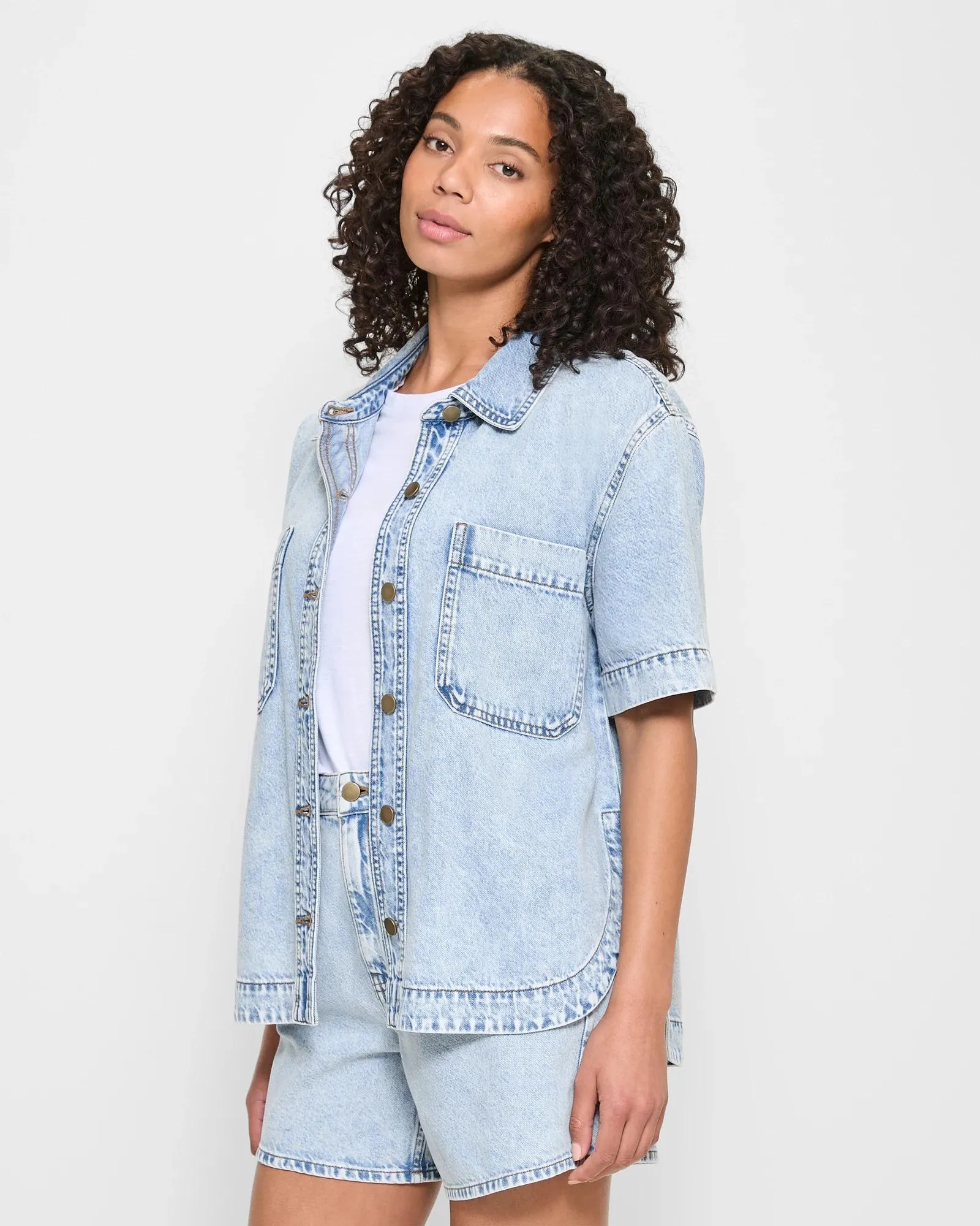 popular  Short Sleeve Denim Shacket - Island Blue