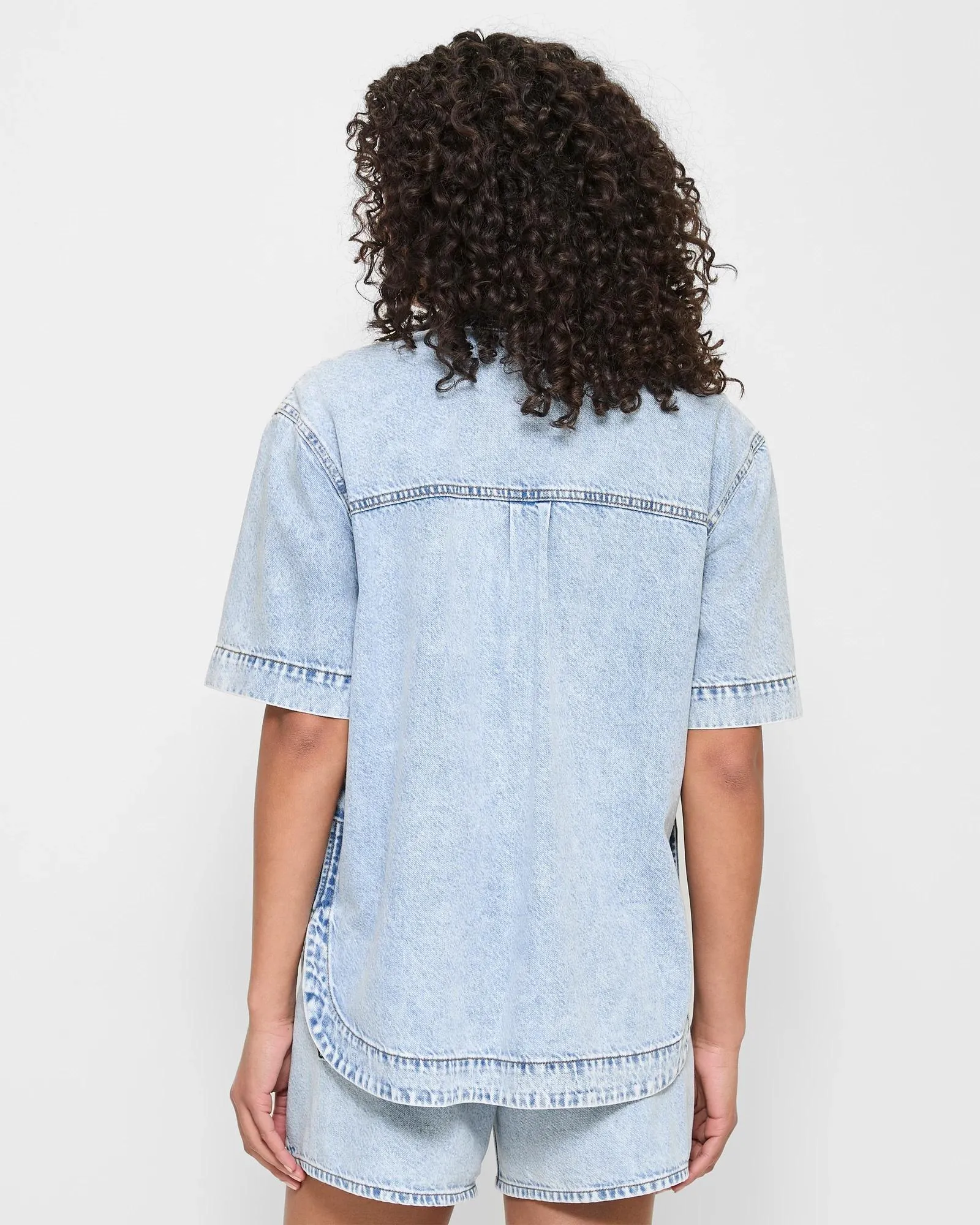 popular  Short Sleeve Denim Shacket - Island Blue