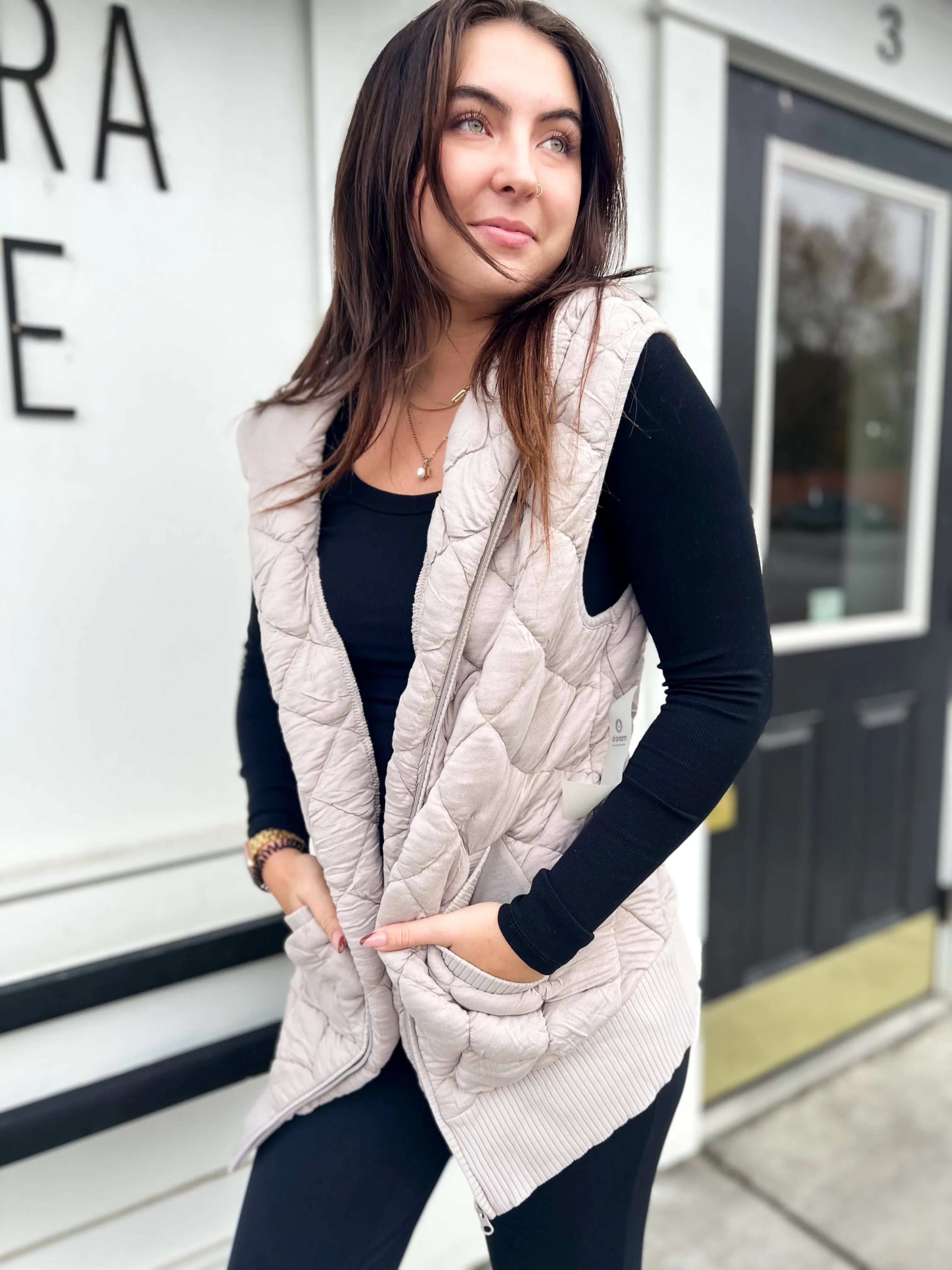 Real Connections Quilted Oversized Vest With Hood- Taupe