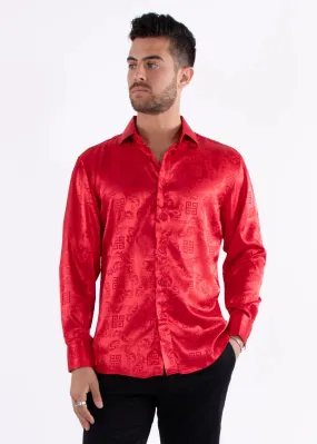 Red Men's Shinny Satin Material Greek Key Long Sleeve Dress Shirt Style No-232272