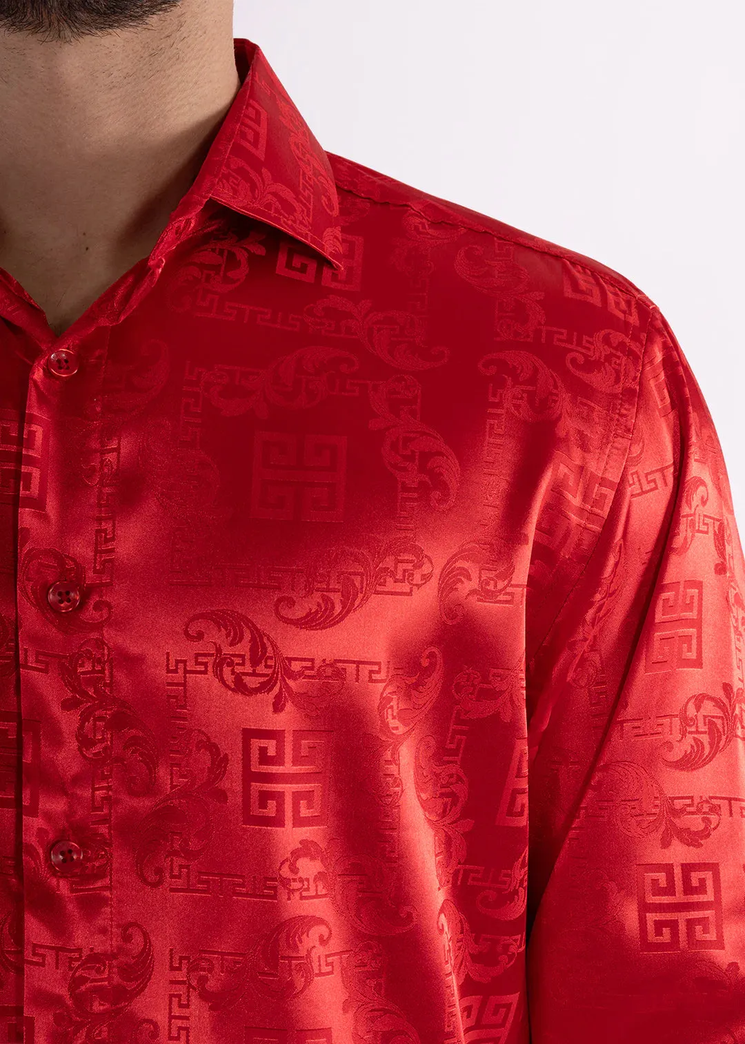 Red Men's Shinny Satin Material Greek Key Long Sleeve Dress Shirt Style No-232272