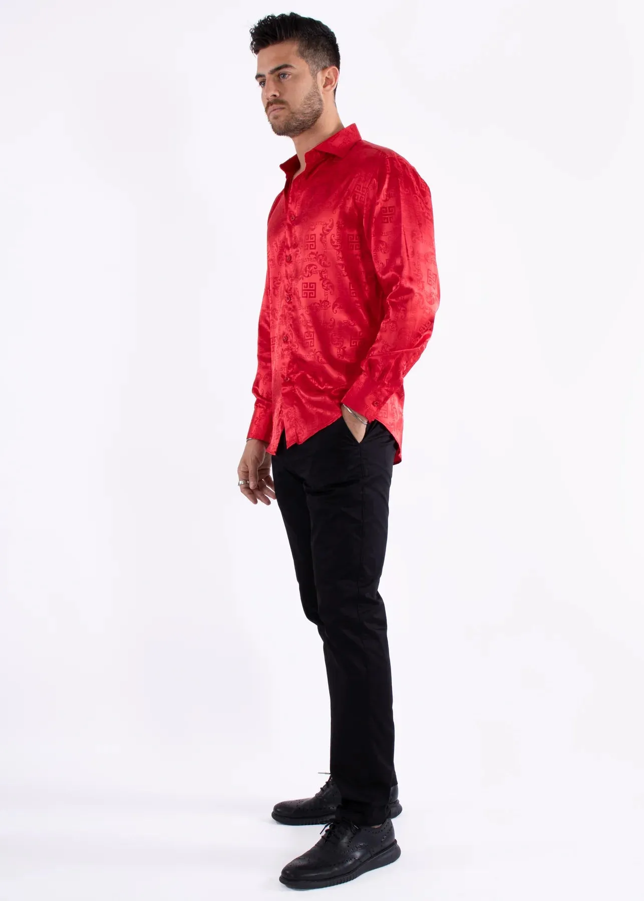 Red Men's Shinny Satin Material Greek Key Long Sleeve Dress Shirt Style No-232272