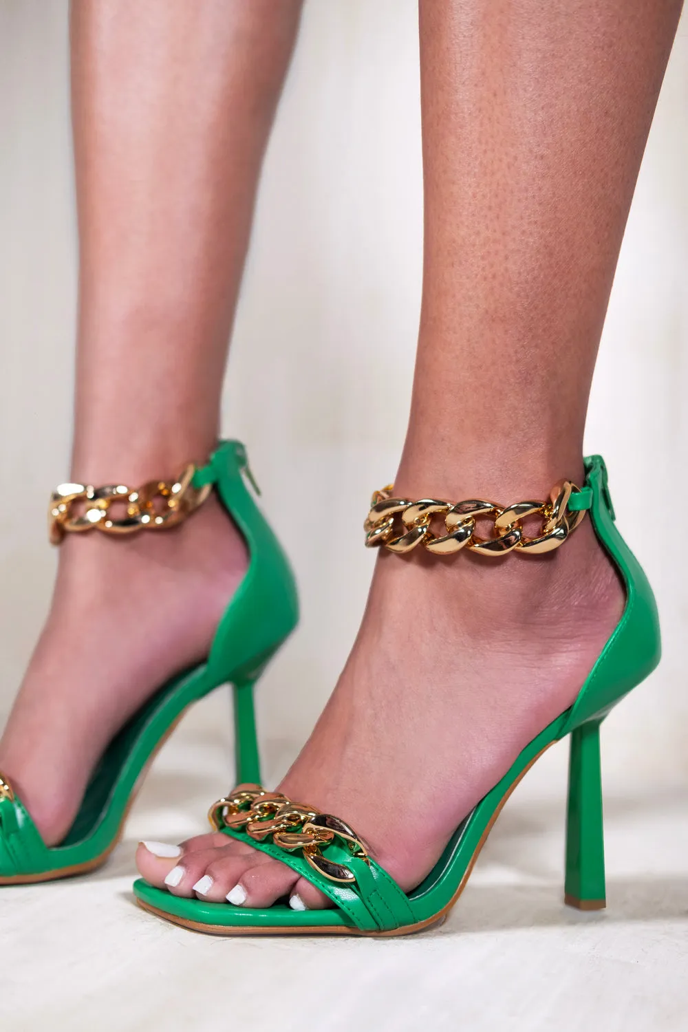 REESE HIGH HEEL WITH CHUNKY CHAIN STRAPS IN JADE GREEN FAUX LEATHER