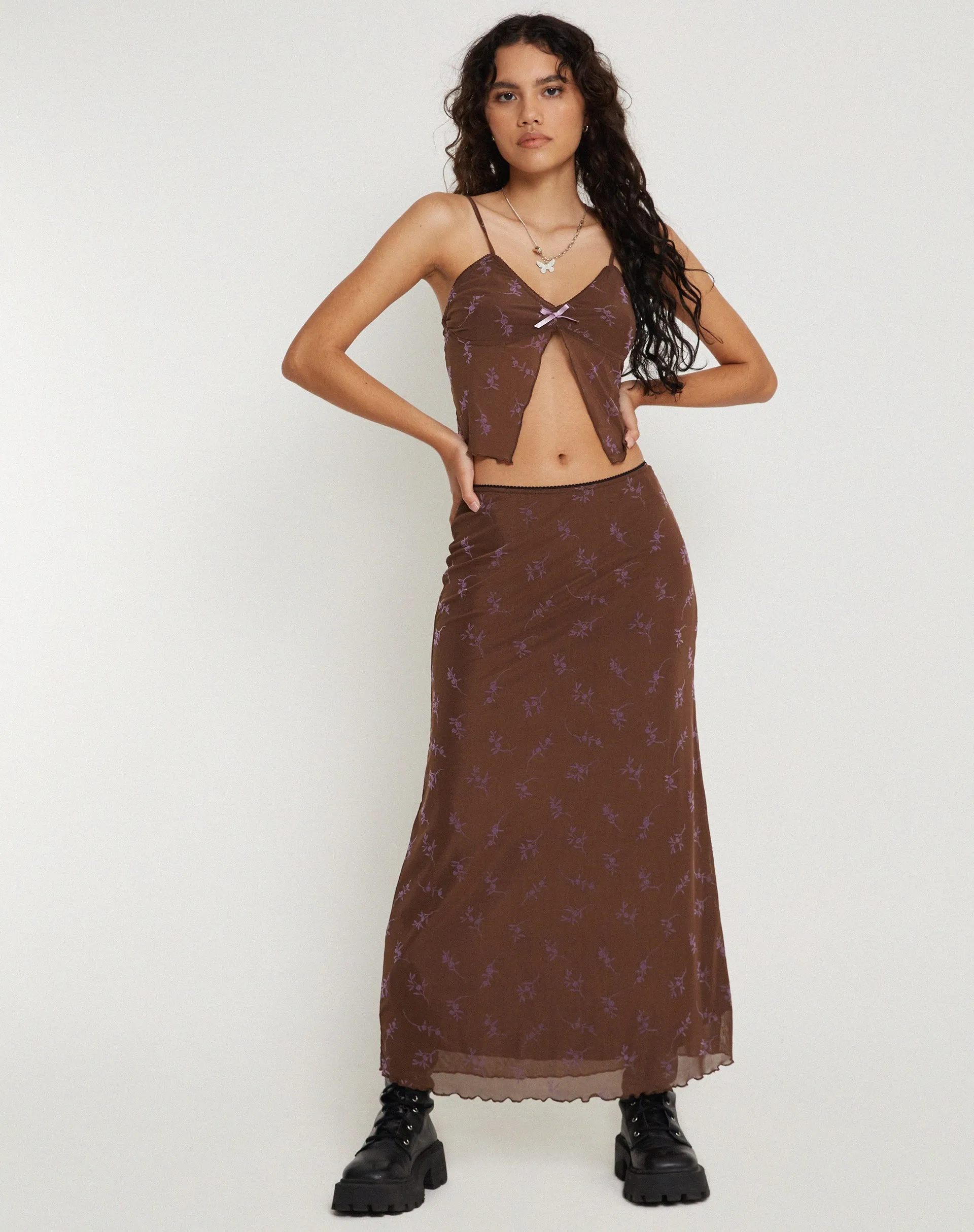 Rindu Maxi Skirt in Flower Stem Flock Brown