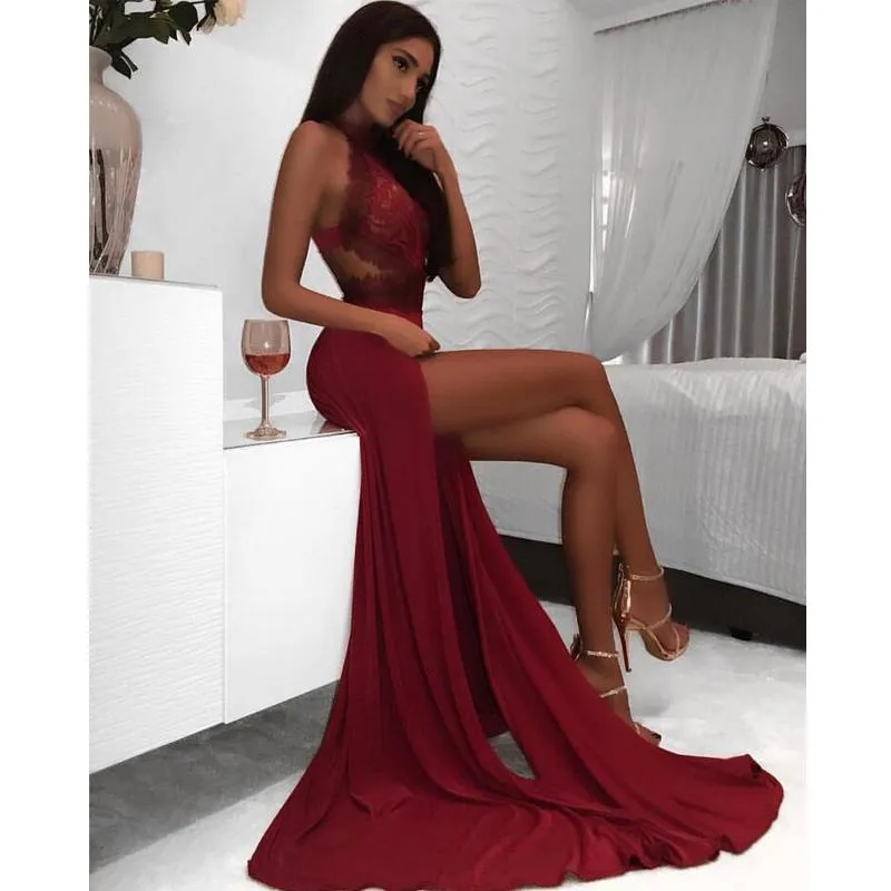 Sexy 2019 Mermaid Burgundy Long Halter Prom Dress Long Evening Dress