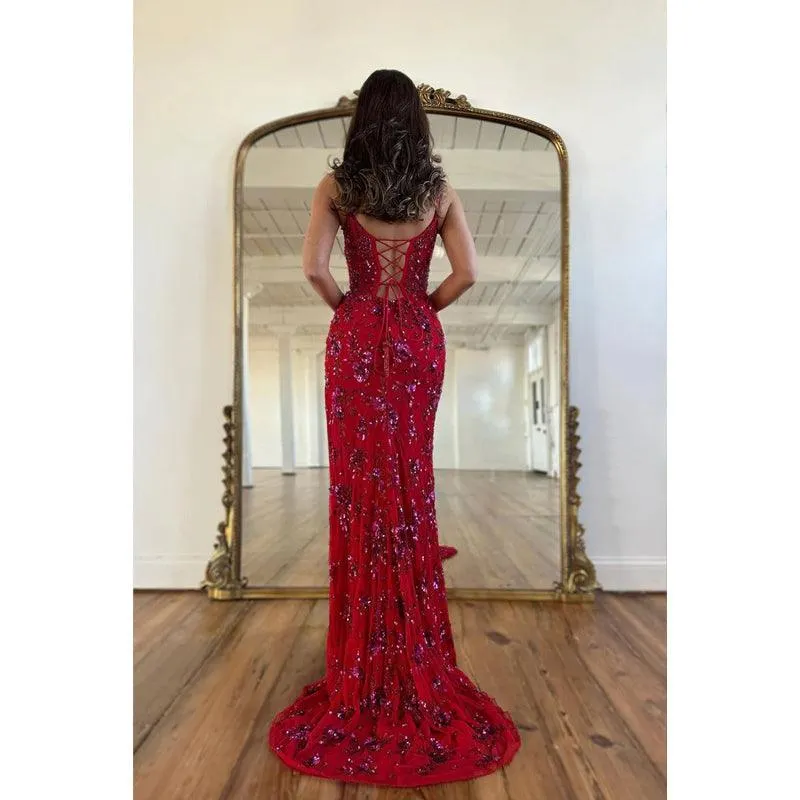 Sheath Spaghetti Straps Sequins Lace Sparkly Prom Dress for Women