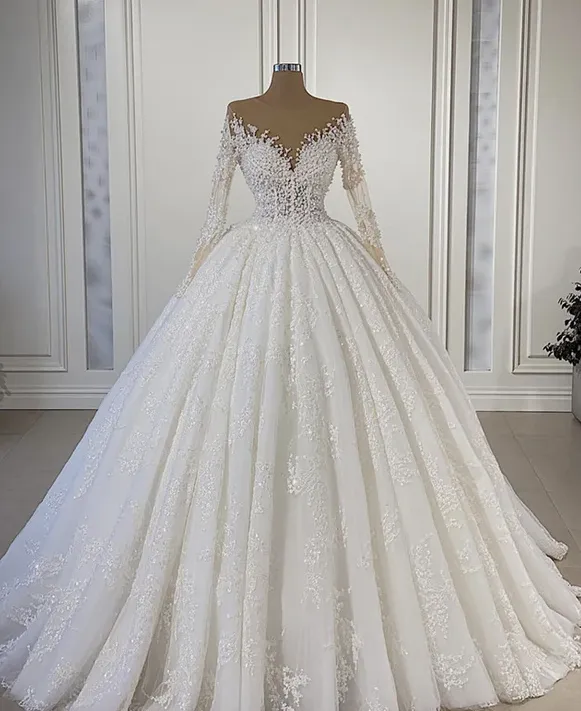 Sheer Neck Lace Wedding Dress Ball Gown Long Sleeves    fg711