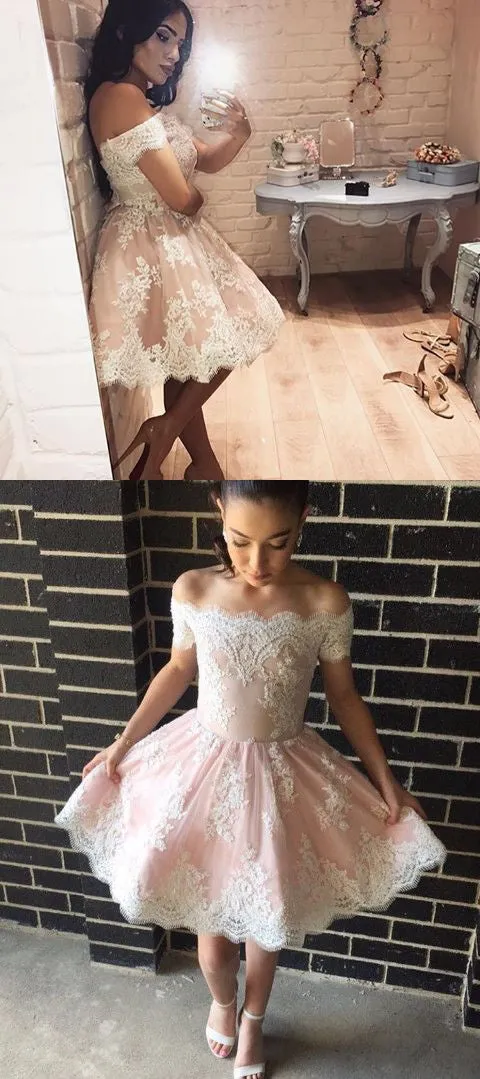 Short Pink Off Shoulders Lace Prom Dress | Short Homecoming Dress