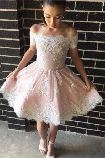 Short Pink Off Shoulders Lace Prom Dress | Short Homecoming Dress