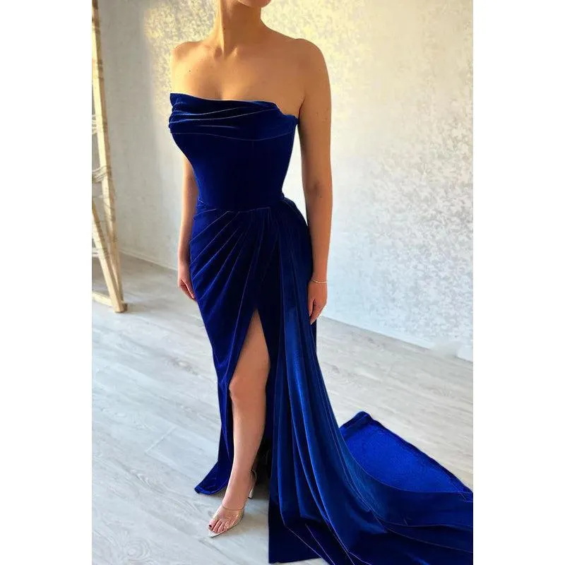 Simple & Casual Off-Shoulder Sleeveless Ruched Side Slit Formal Prom Dress