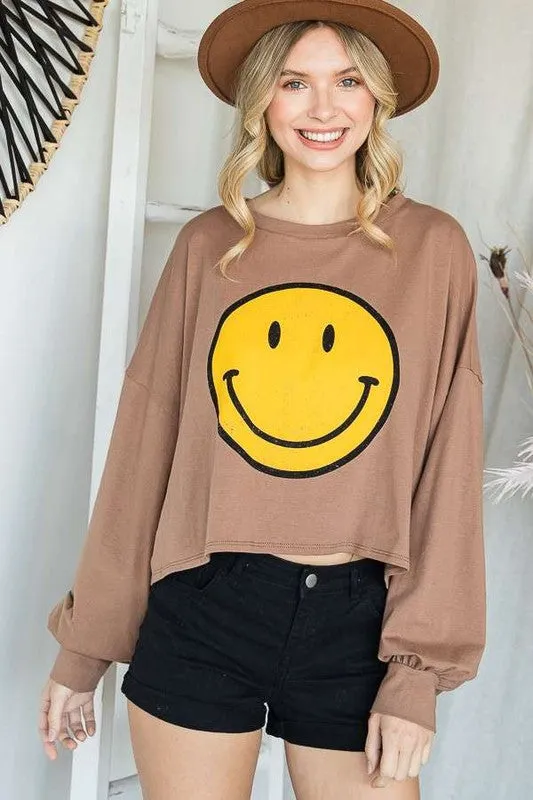 SMILEY FACE LONG SLEEVE CROP TOP