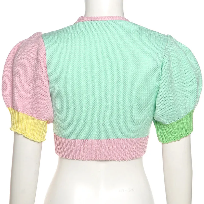 Splicing rainbow V neck cardigan princess sleeves dew umbilical knitted vest sweatshirt women TEE