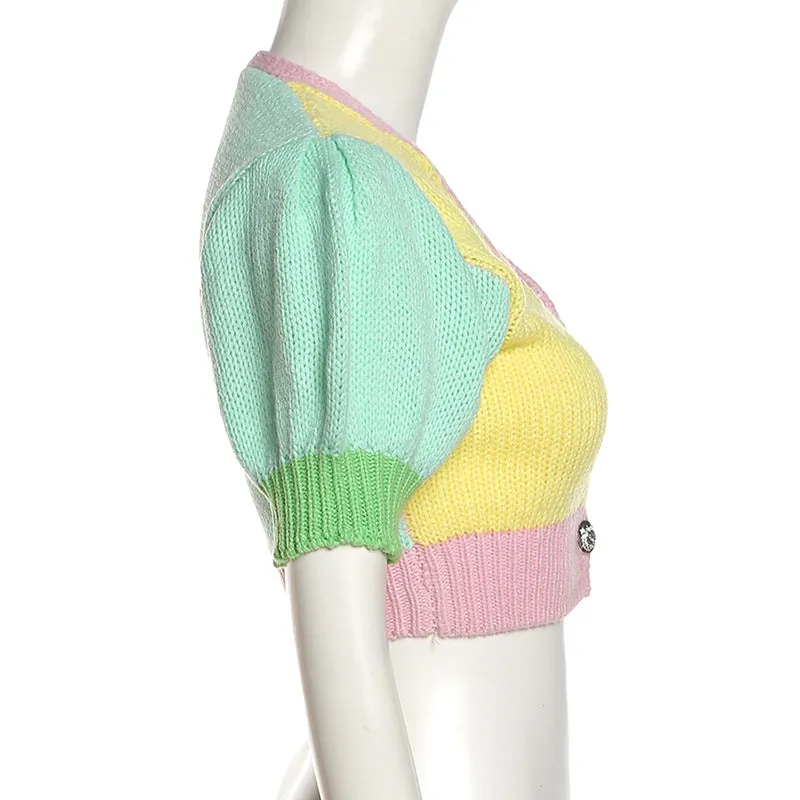 Splicing rainbow V neck cardigan princess sleeves dew umbilical knitted vest sweatshirt women TEE