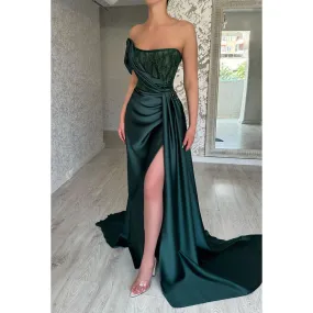 Strapless Beaded Sheer Ruched Satin Sheath Long Evening Dress With Slit