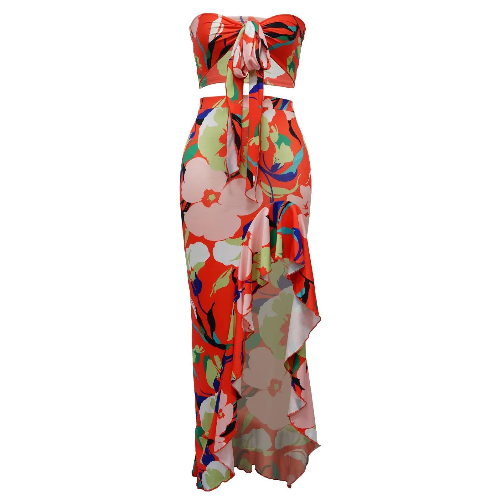 Summer Floral Halter Crop Top and Maxi Split Skirt Set