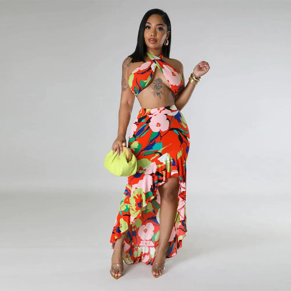 Summer Floral Halter Crop Top and Maxi Split Skirt Set