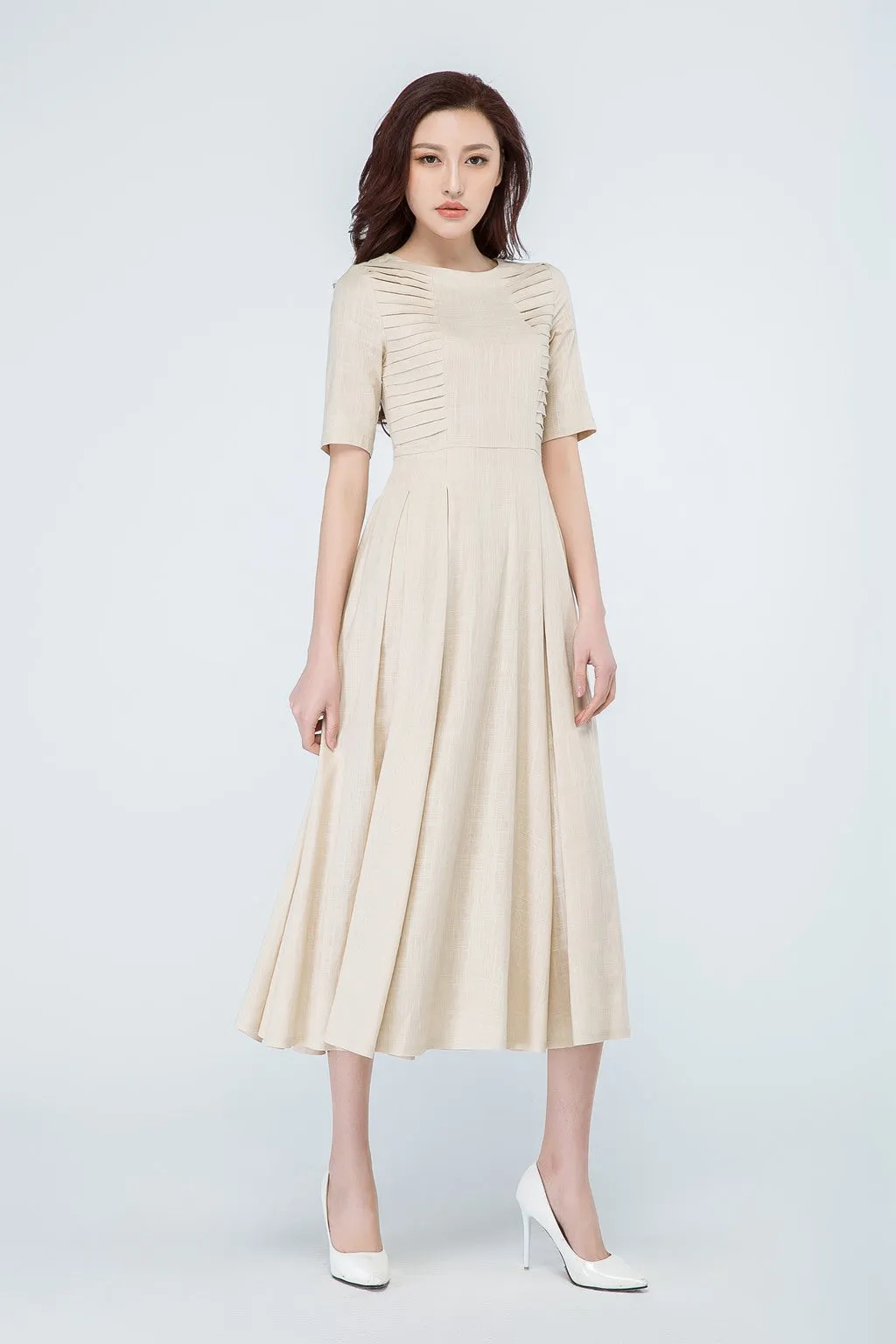 summer linen dress, beige dress, midi dress 1695