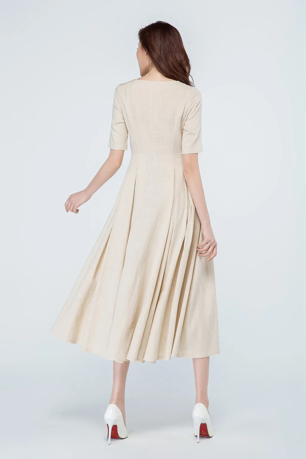 summer linen dress, beige dress, midi dress 1695