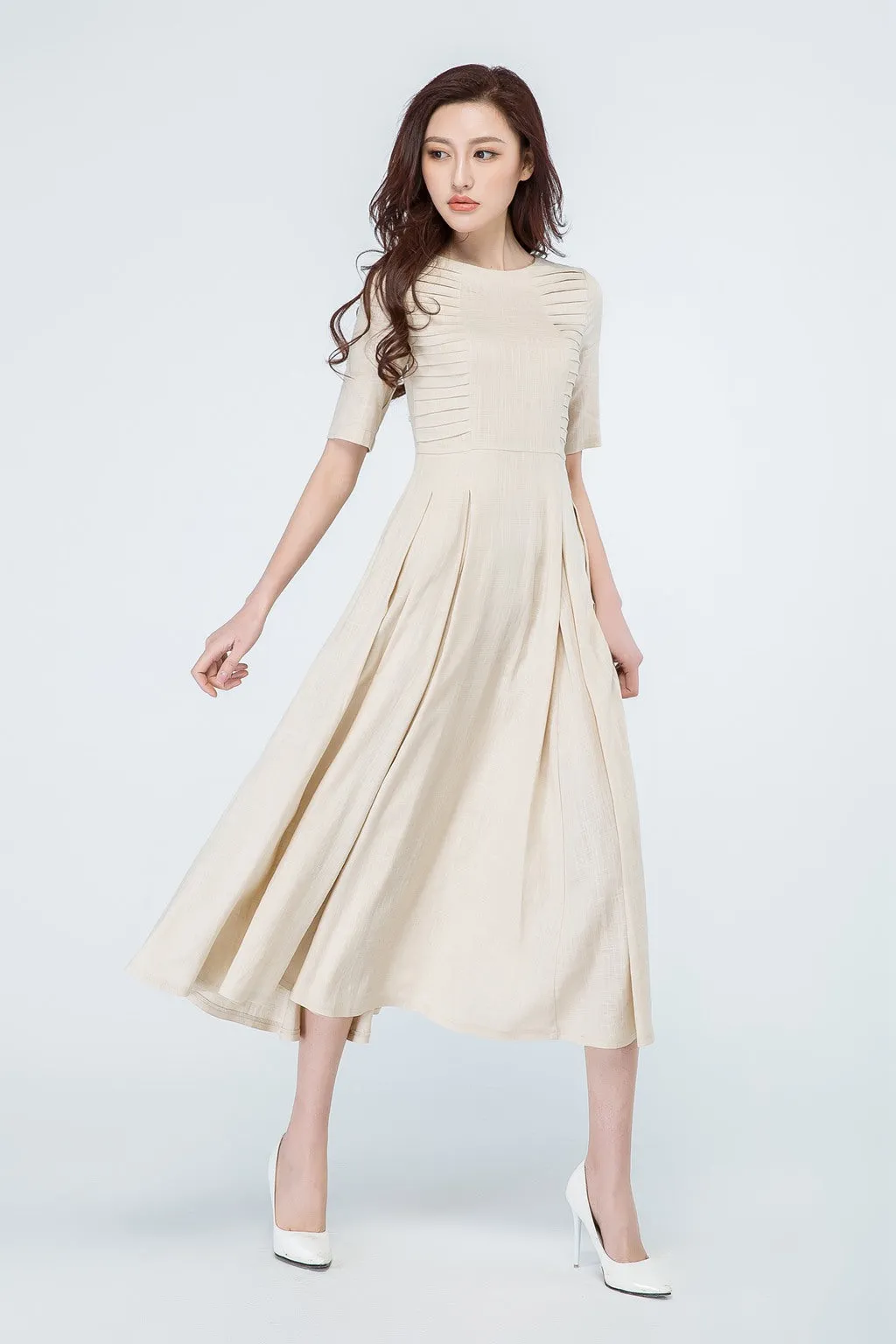 summer linen dress, beige dress, midi dress 1695