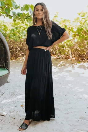 Sunrise Short Sleeve Top & Maxi Skirt Black Set