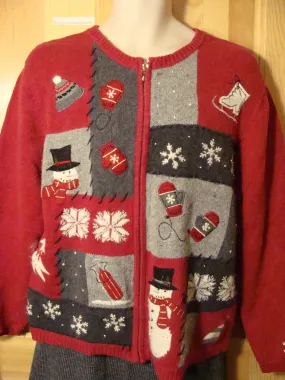 Tacky Ugly Christmas Sweater with Festive Snowflakes, Skates, Snowmen, and Mittens (f493)