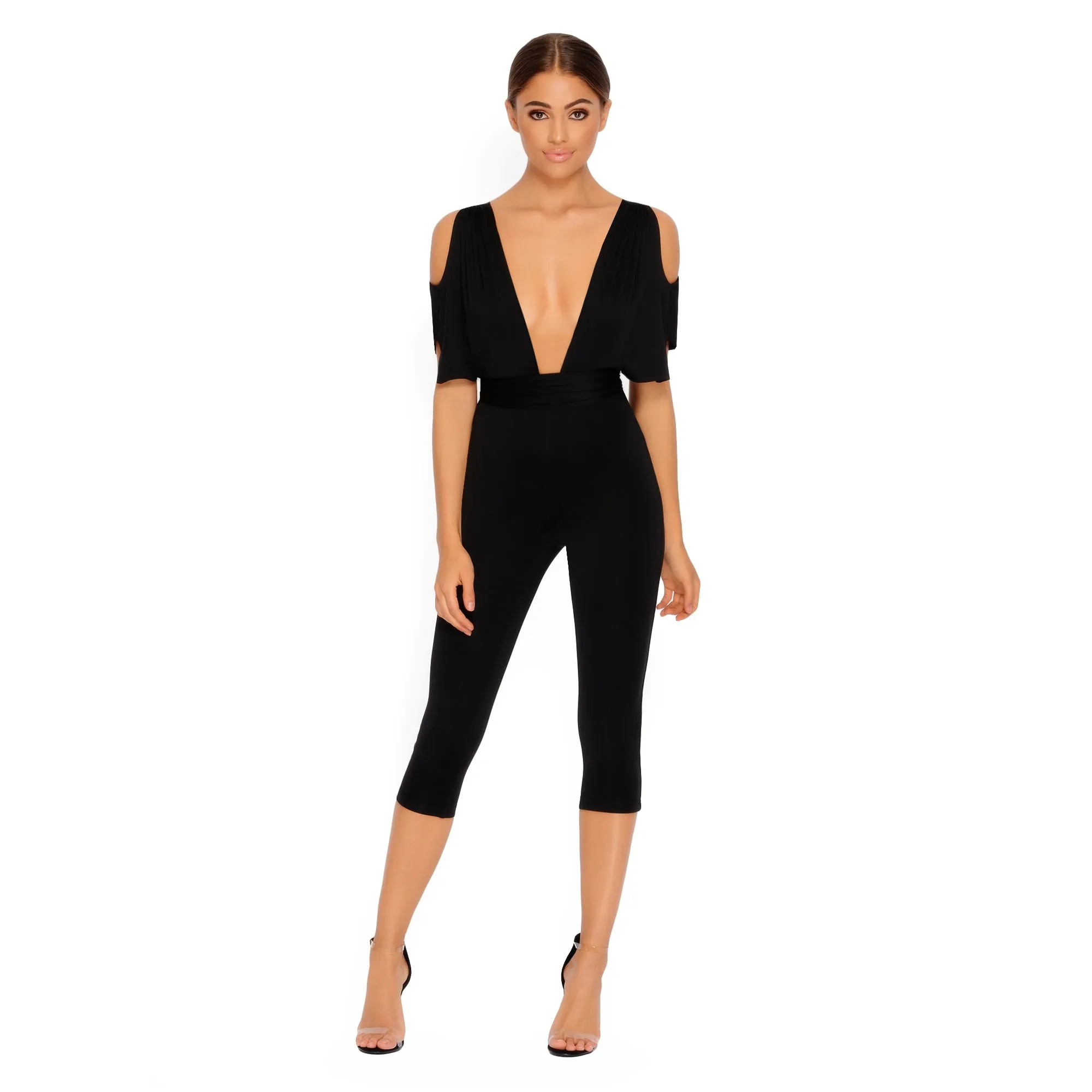 Take The Plunge Cold Shoulder Cropped Jumpsuit in  Black