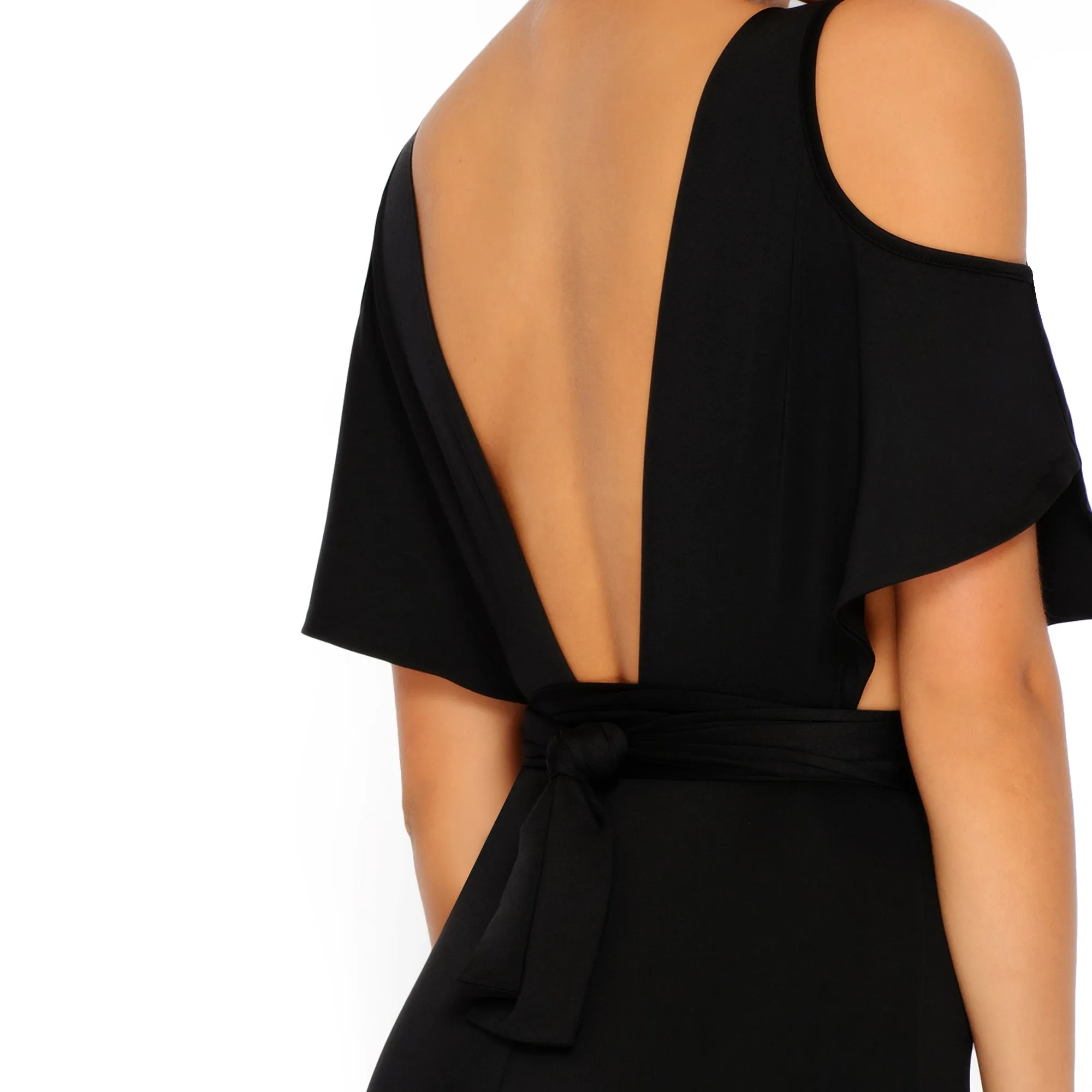 Take The Plunge Cold Shoulder Cropped Jumpsuit in  Black