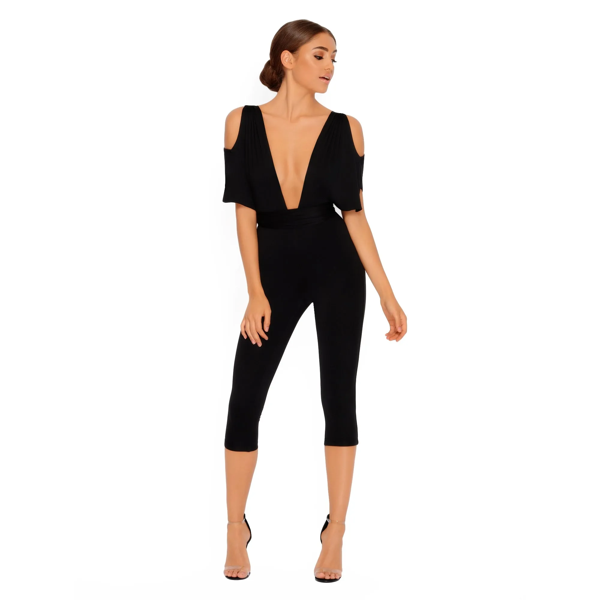 Take The Plunge Cold Shoulder Cropped Jumpsuit in  Black