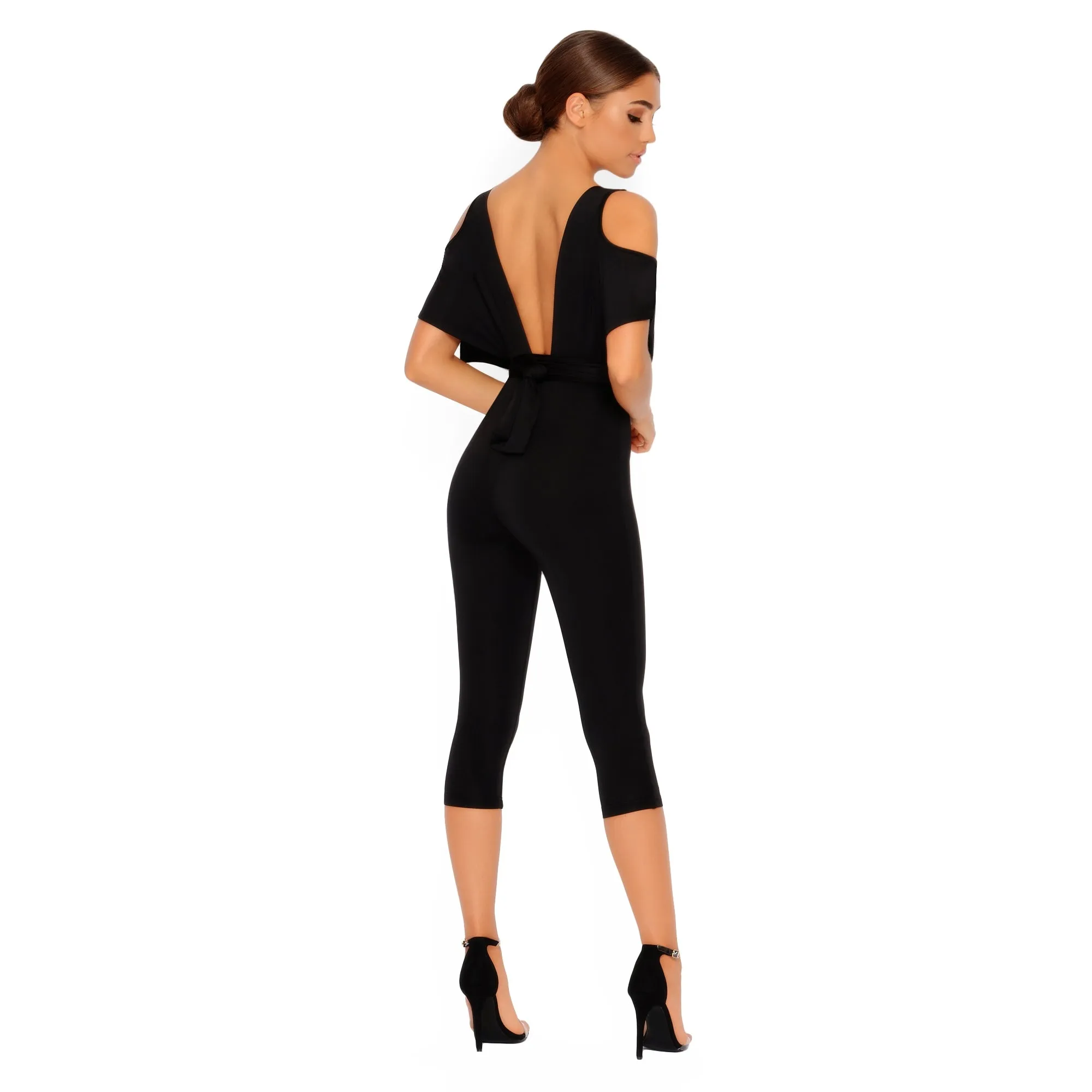 Take The Plunge Cold Shoulder Cropped Jumpsuit in  Black