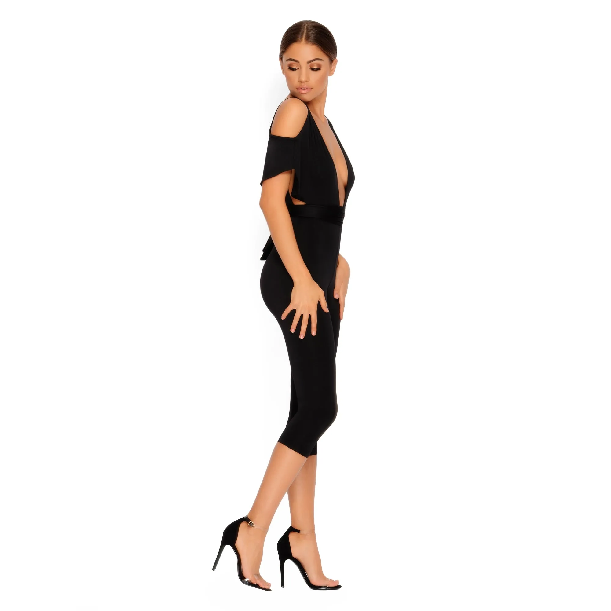 Take The Plunge Cold Shoulder Cropped Jumpsuit in  Black