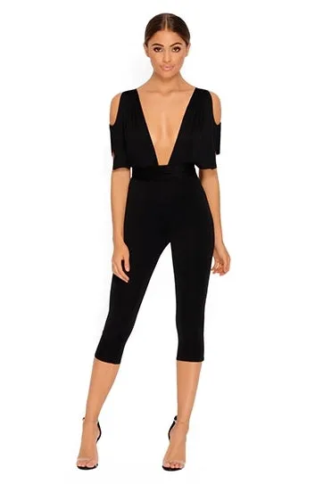 Take The Plunge Cold Shoulder Cropped Jumpsuit in  Black