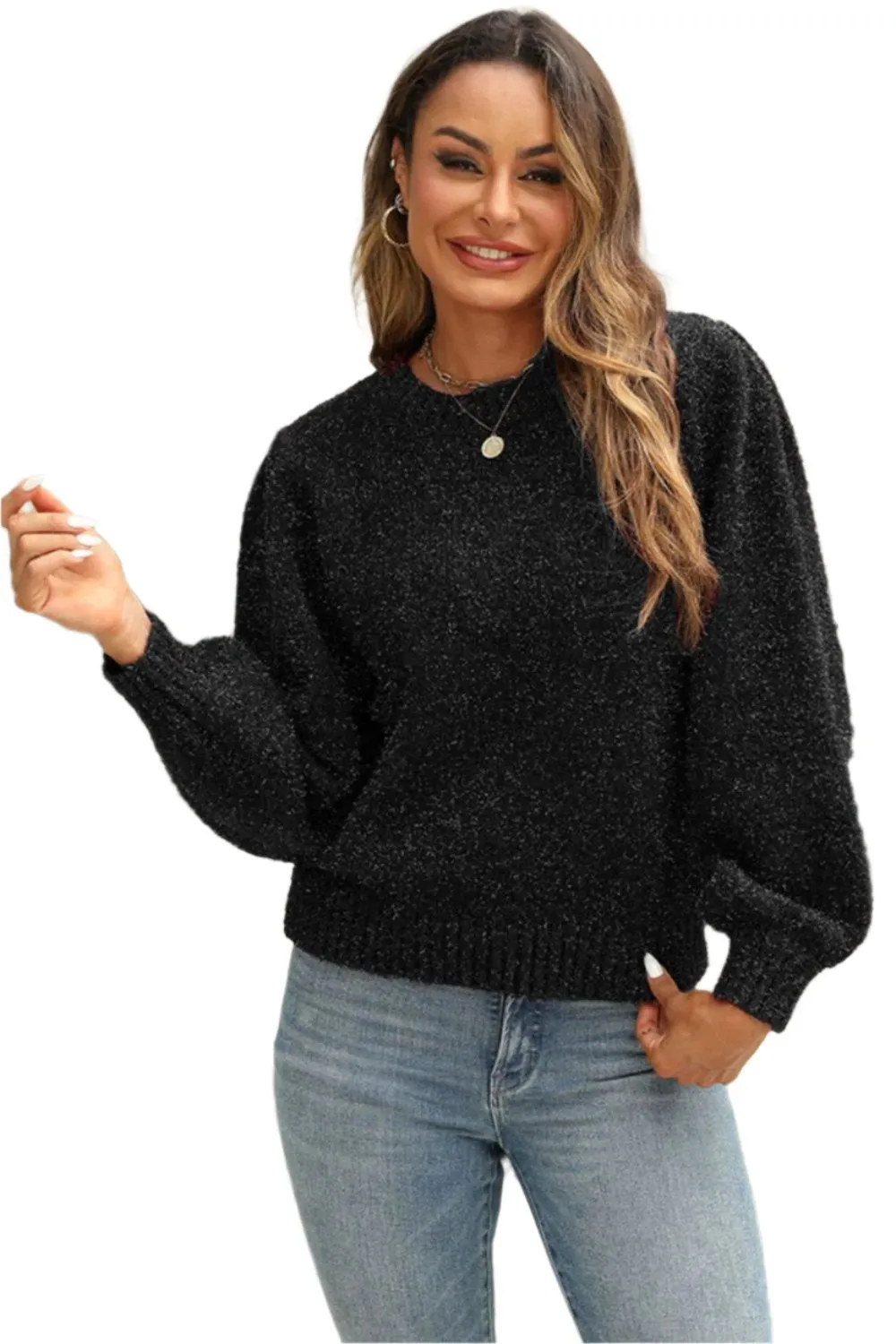 TEEK - Tied Heathered Round Neck Long Sleeve Sweater