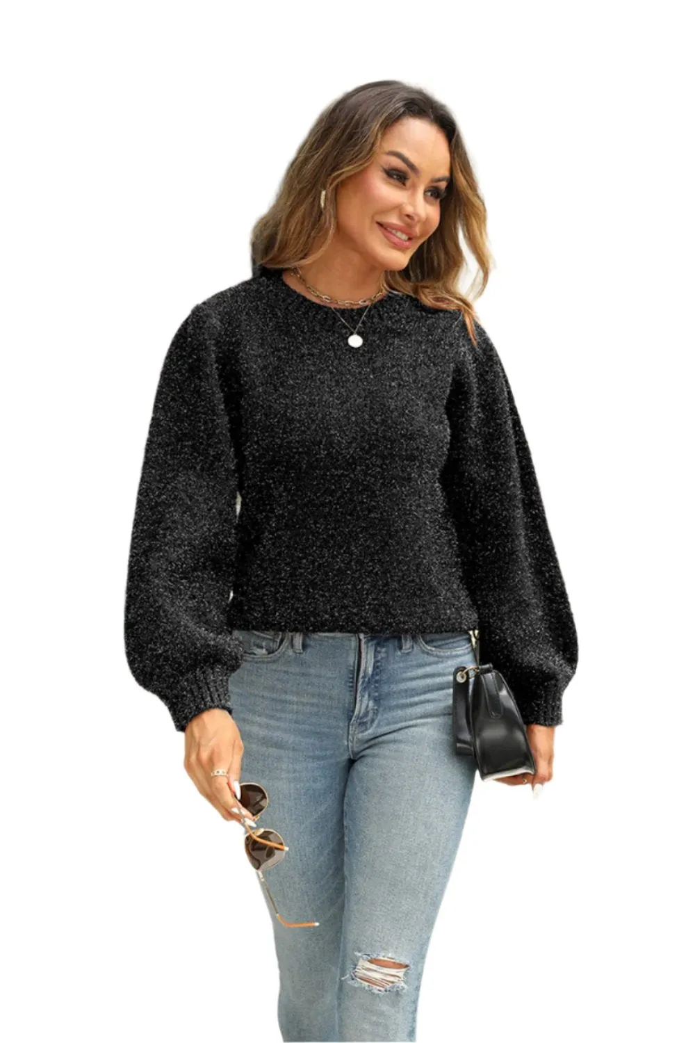 TEEK - Tied Heathered Round Neck Long Sleeve Sweater