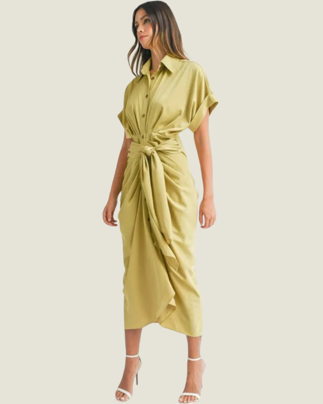 The Karinna: Kiwi Short Sleeve Midi Tied Detailed Dress