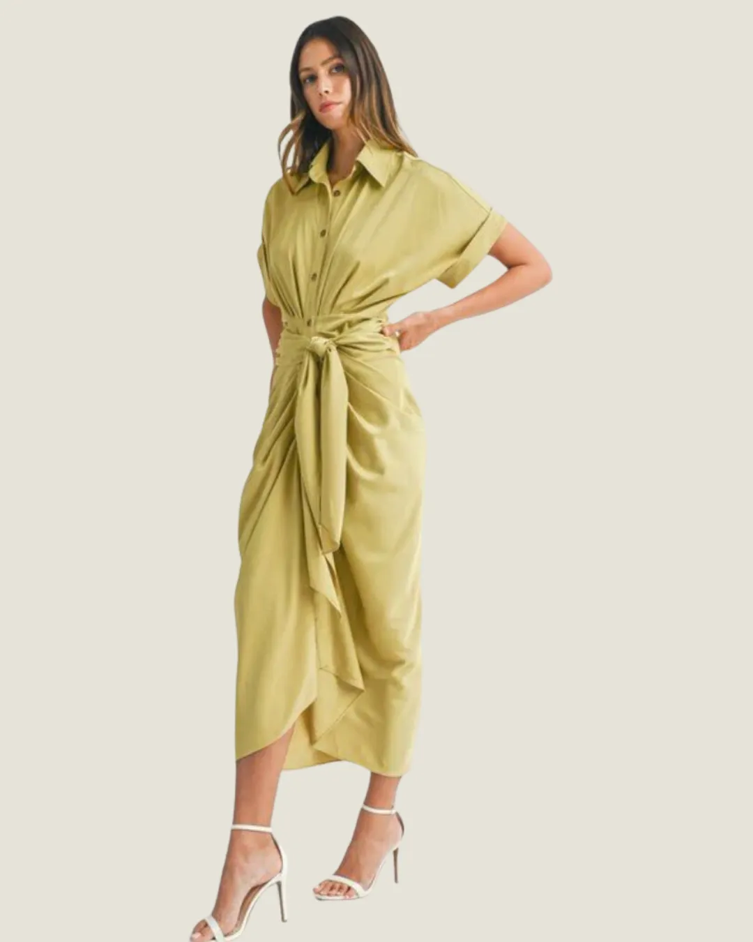 The Karinna: Kiwi Short Sleeve Midi Tied Detailed Dress