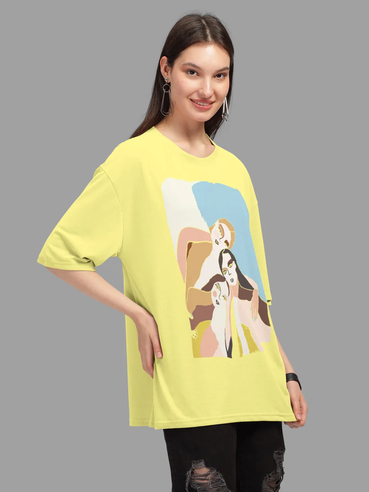 Trendy Yellow Printed Oversized T-shirt for Women