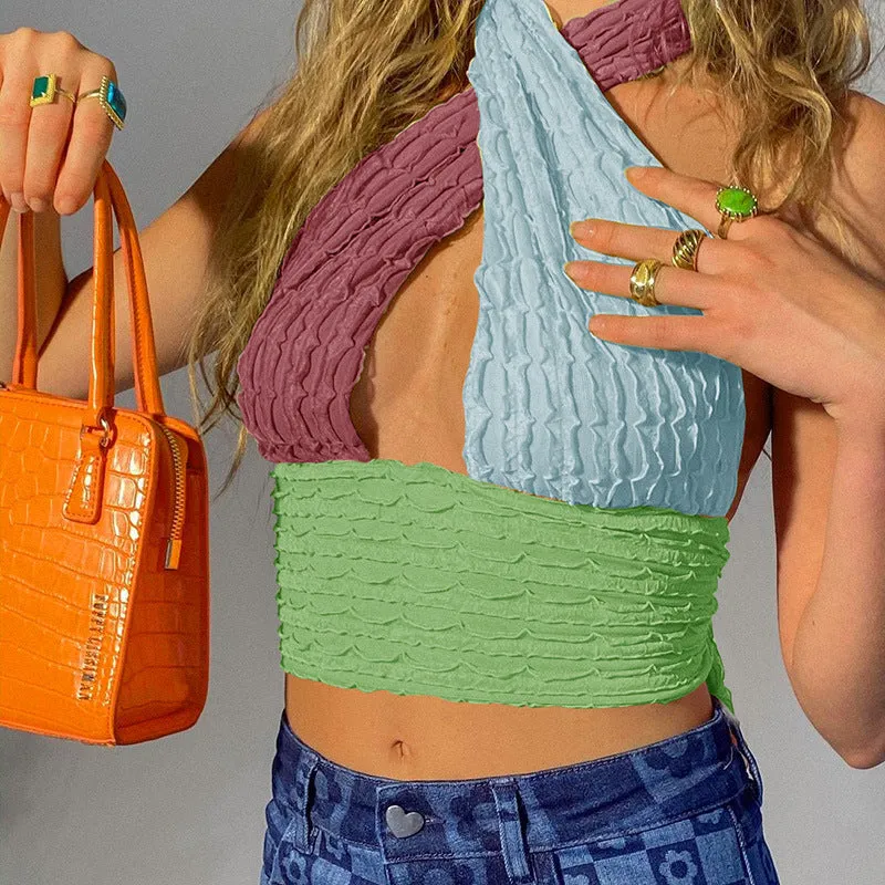 Tri-color neck halter vest wrap contrast color cami ruched knitted vest