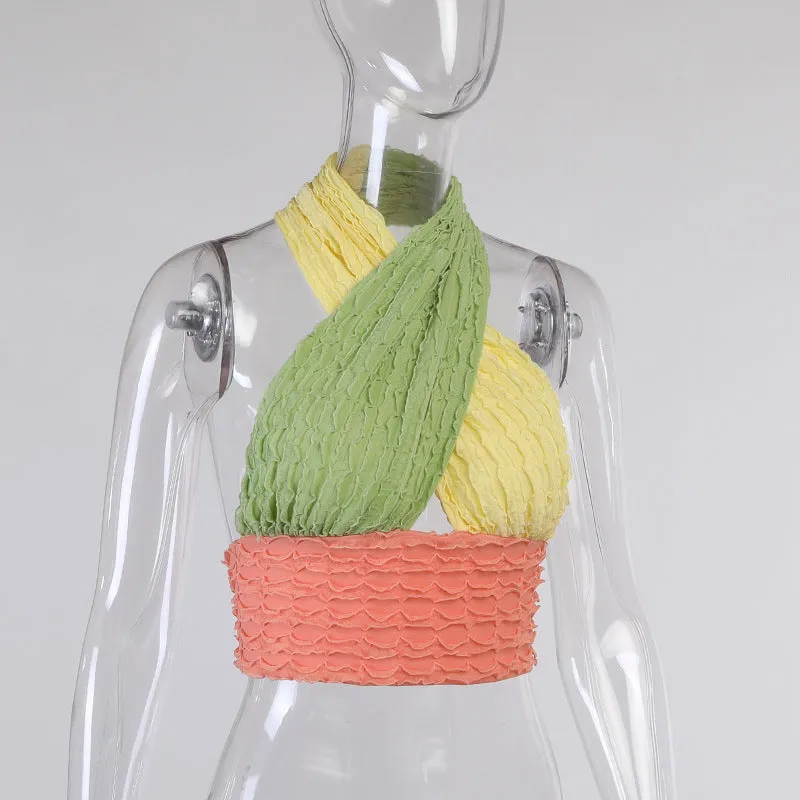 Tri-color neck halter vest wrap contrast color cami ruched knitted vest