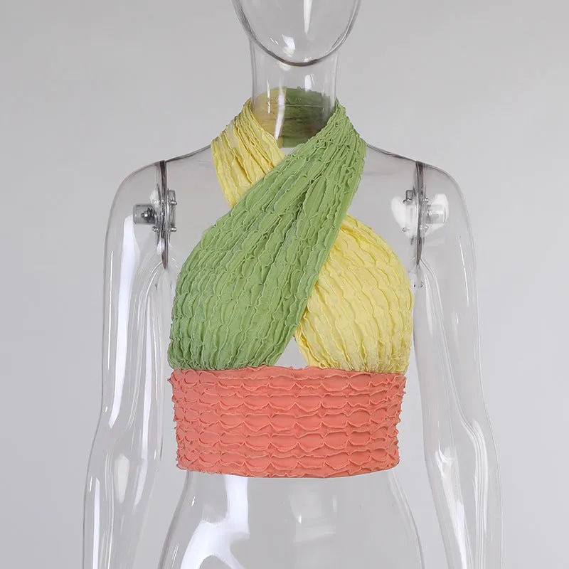 Tri-color neck halter vest wrap contrast color cami ruched knitted vest