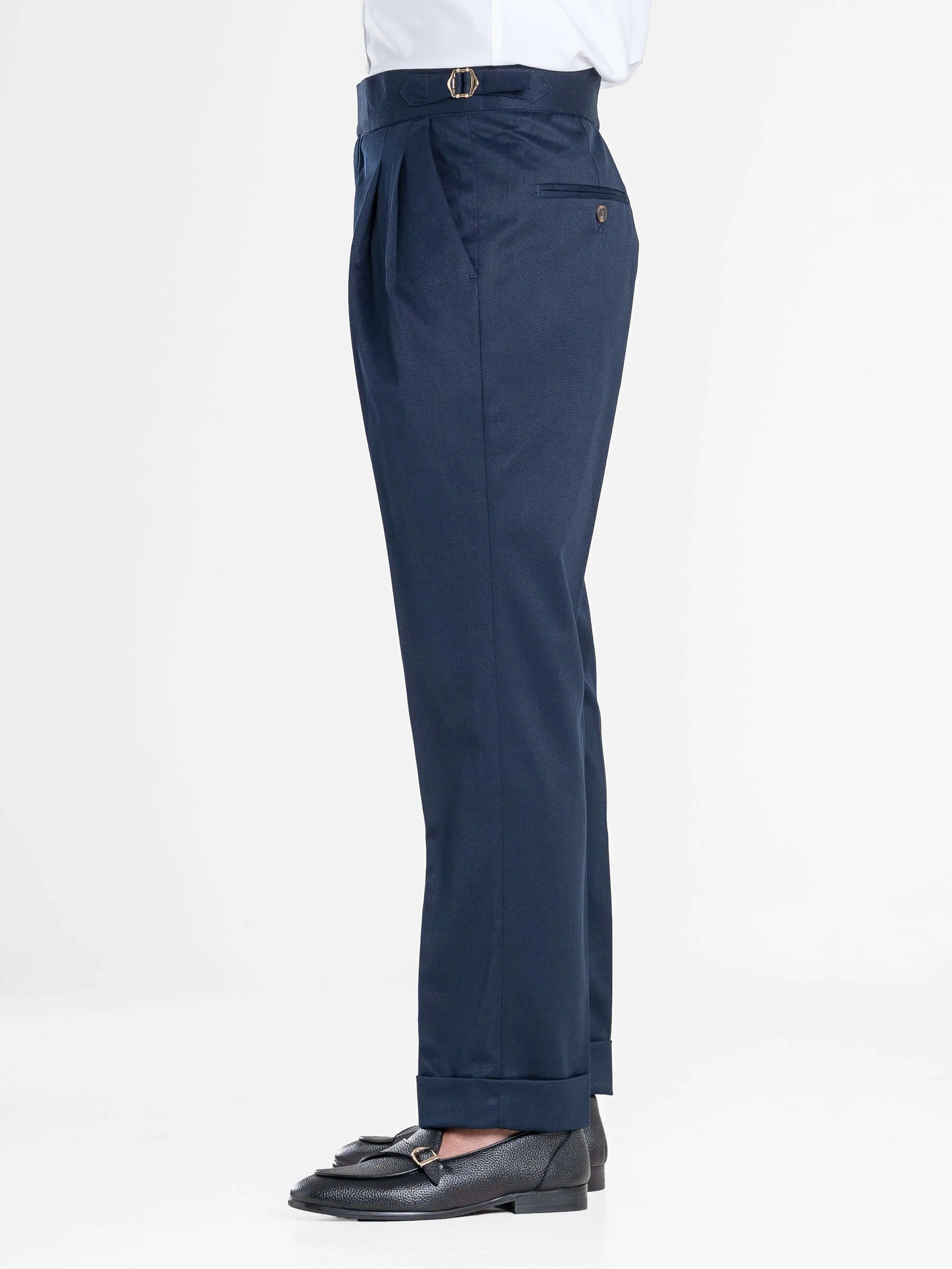 Trousers With Side Adjusters - Deep Blue Plain Cuffed (Stretchable)