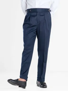 Trousers With Side Adjusters - Deep Blue Plain Cuffed (Stretchable)