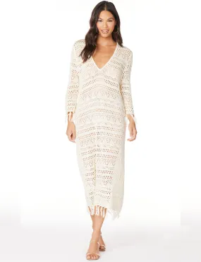 V Neck Crochet Kaftan With Fringe, Ivory